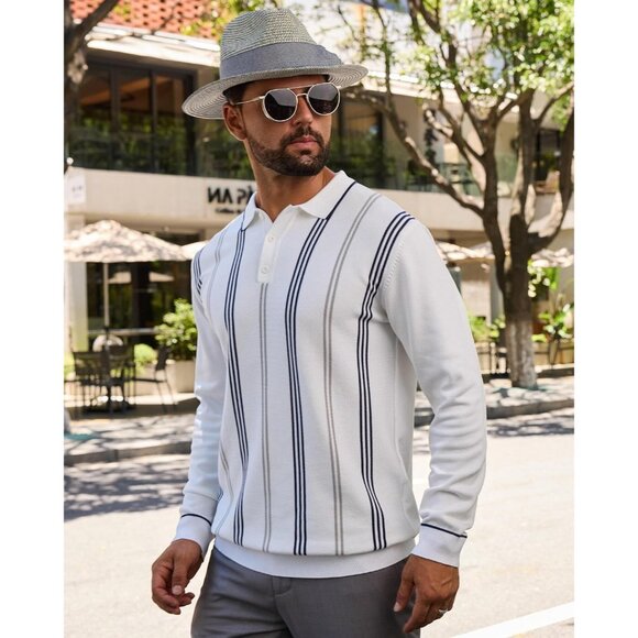 Men's Knit Polo Sweater Long Sleeve Striped Thermal Button Collar Sweater White - Picture 2 of 7